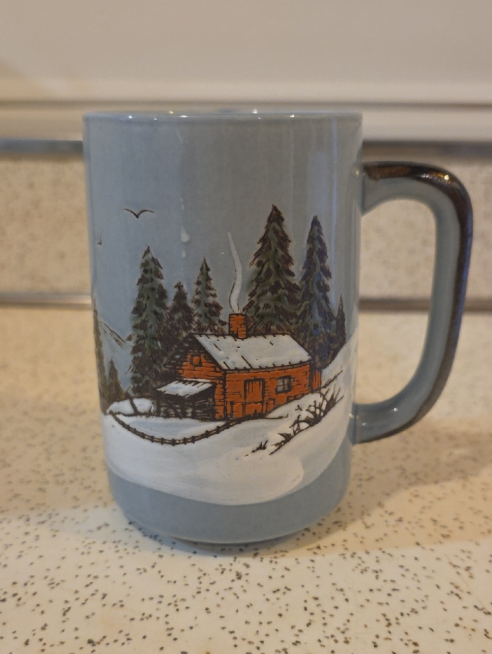 Otagiri Handpainted Embossed Winter Mountains Snow Cabin Ceramic Coffee Mug